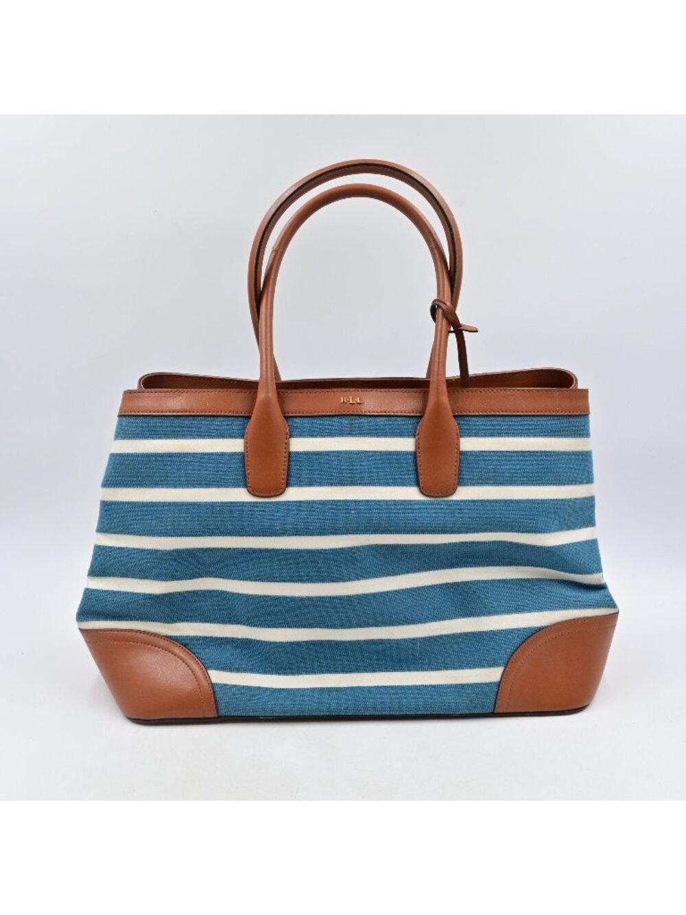 Lauren Ralph Lauren Fairfield City Striped Canvas Tote Bag Tan Leather Trim - Picture 1 of 16